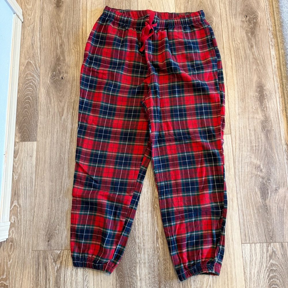 NWOT red green plaid flannel pajama pants size large waist tie jogger style
